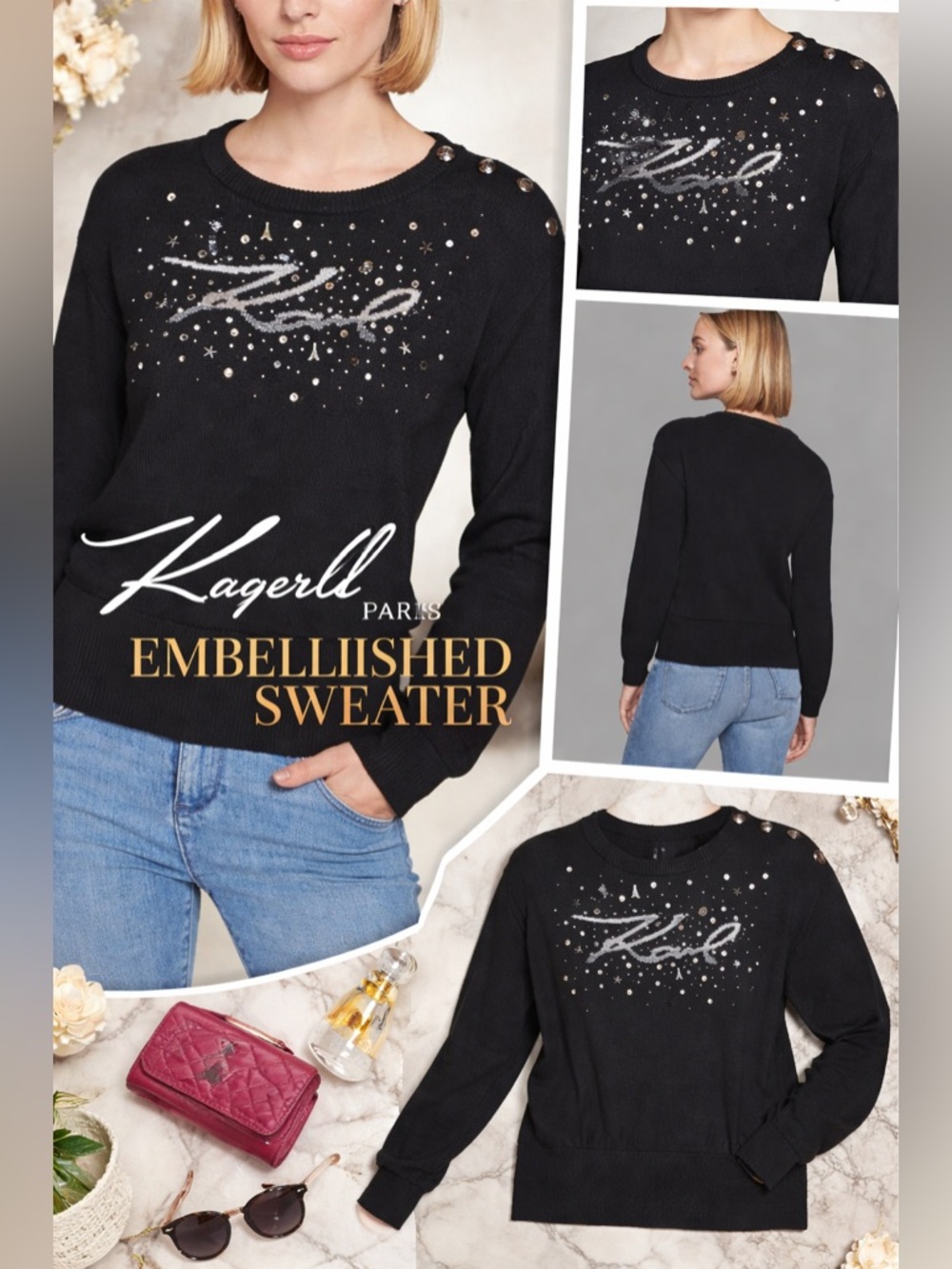 Karl Lagerfeld Paris Black Embellished Script Sweater Button Shoulder NWT M